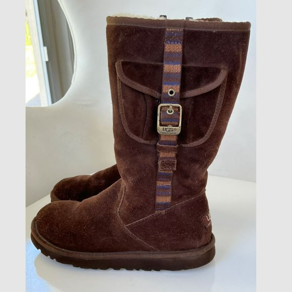 UGG 1895 Retro Cargo Pocket Tall Zip Suede Espresso Brown Sheepskin Boots - Picture 3 of 13